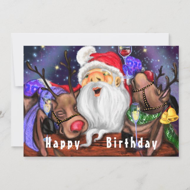 Birthday Card Santa with Reindeers Fun (Frente)
