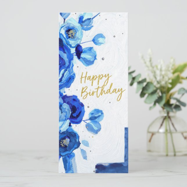 birthday cards blue modern floral watercolor (Em pé/Frente)