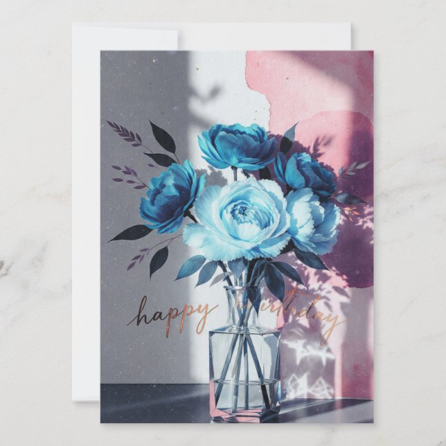 birthday cards blue modern flowers pink watercolor (Frente)