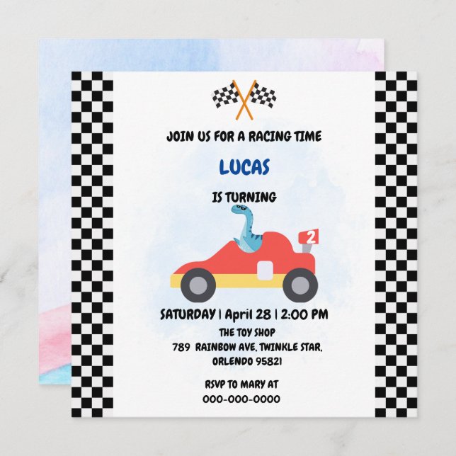 Birthday Dinosaur, corrida de carros, garotinho ve (Frente/Verso)