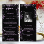 Birthday Menu black purple photo glitter fun facts<br><div class="desc">Birthday party menu card.  Personalize and add a name,  age,  date and the menu. A chic black background,  decorated with purple faux glitter dust.  Purple colored letters.
Back: add a photo of the birthday girl,  fun facts and names.</div>