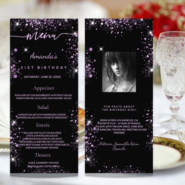 Birthday Menu black purple photo glitter fun facts (Criador carregado)