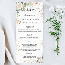 Birthday Menu branco, glitter floral de eucalipto