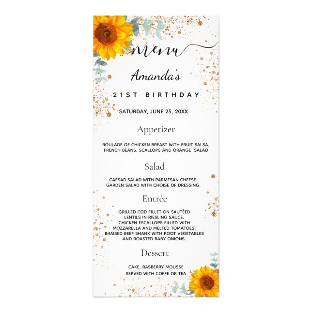 Birthday Menu girassóis eucalipto glits (Frente)