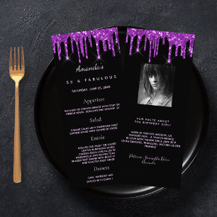 Birthday Menu preto, roxo, fotos, fatos brilhantes