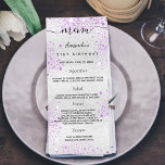 Birthday Menu silver purple metal monogram<br><div class="desc">Birthday party menu card.  Personalize and add a name,  age,  date and the menu. Silver faux metallic looking background,  decorted with purple faux glitter dust.  Black colored letters.</div>