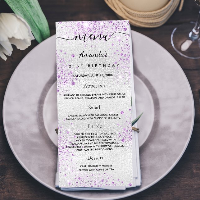 Birthday Menu silver purple metal monogram (Criador carregado)