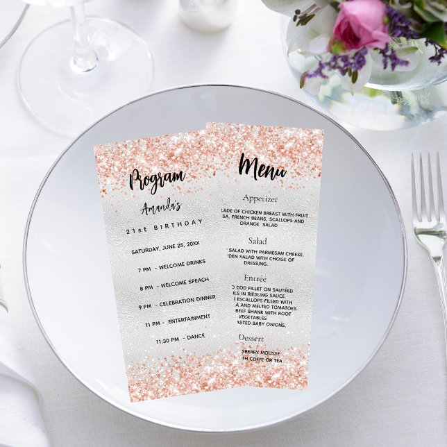 Birthday Progam Menu prata rosa dourado confetti (Criador carregado)