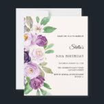 Birthday purple lavender florals ivory invitation<br><div class="desc">Celebrate a special milestone with this elegant floral birthday invitation 💜 This beautiful design features soft watercolor flowers in shades of lavender, purple and green, creating a timeless and feminine look that is perfect for a stylish celebration. The delicate floral arrangement adds a touch of romance and sophistication, making it...</div>