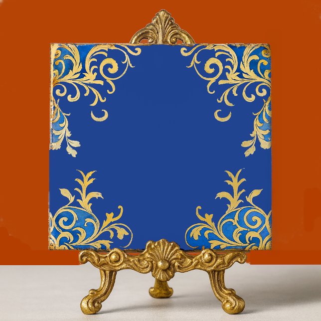 Bizantino Arquivo Dourado Árabe Azul (Byzantine Arabesque ornamental ceramic tile displayed in situ on gold metallic easel. )