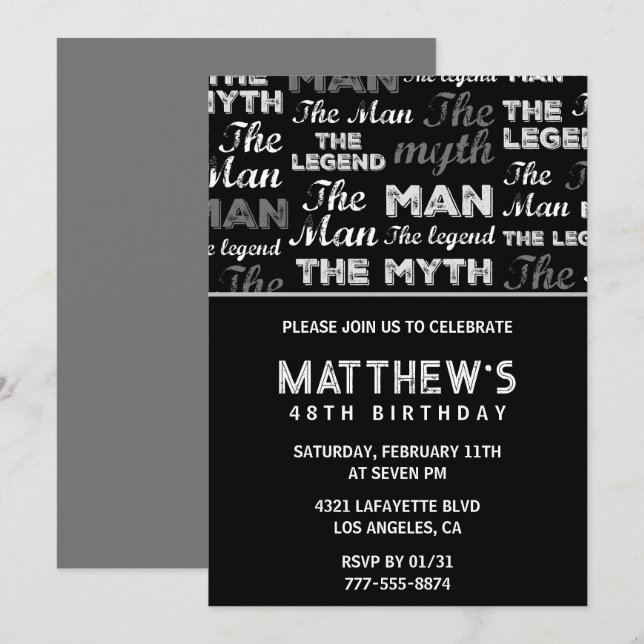 Black 48º convite de aniversário para ele Myth Leg (Frente/Verso)