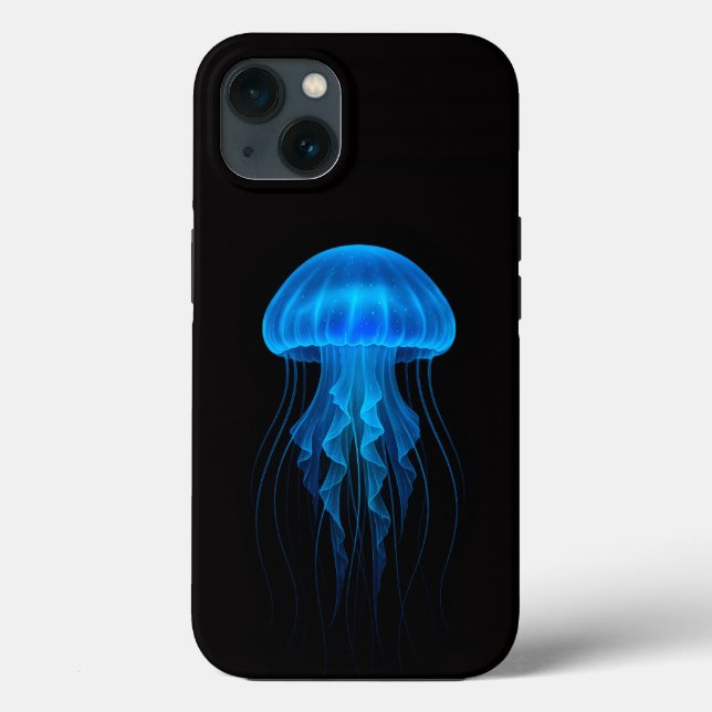 Black 4 Luxe iPhone 13 Case, Neon Blue Jellyfish (Verso)