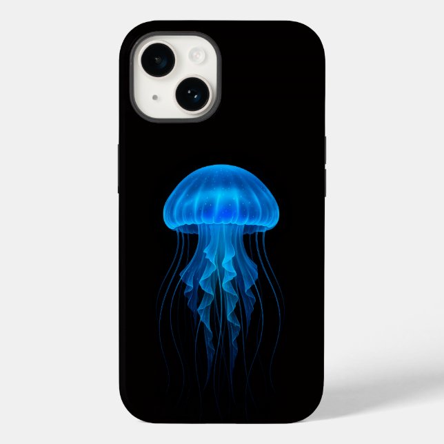 Black 4 Luxe iPhone 14 Mate, Neon Blue Jellyfish (Verso)