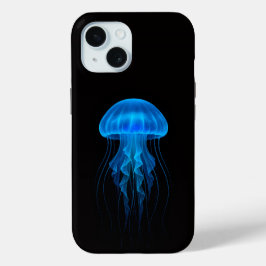 Black 4 Luxe iPhone 15 Mate, Neon Blue Jellyfish