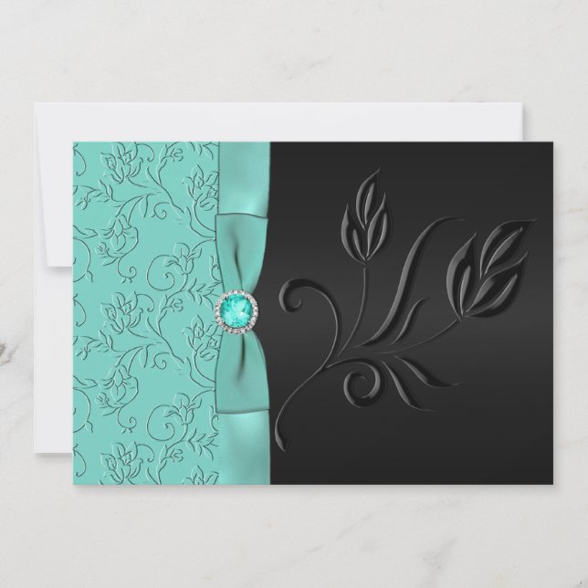 Black and Aqua Floral, Convite para Casamento de J (Frente)