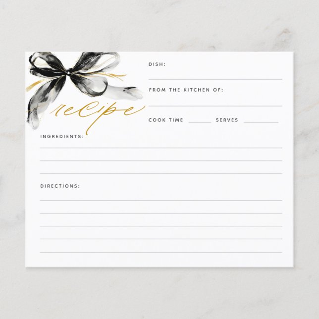 Black and Gold Bow Bridal Shower Recipe Card (Frente)