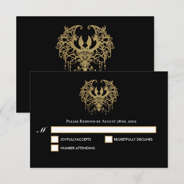 Black and gold Gothic Halloween Wedding RSVP Card (Frente/Verso)