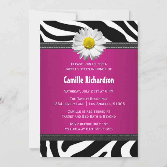 Black and Hot Pink, Zebra Sweet 16 Convite (Frente)