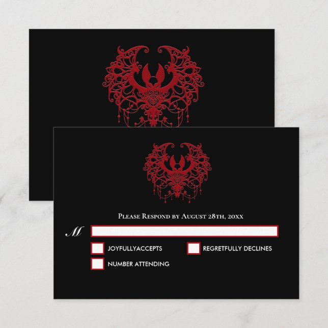 Black and red Gothic Halloween Wedding RSVP Card (Frente/Verso)