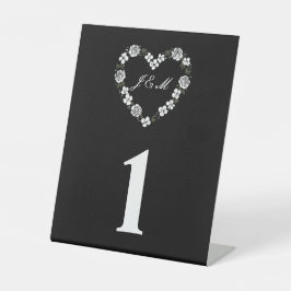 Black and White Floral Heart Wedding Table Number