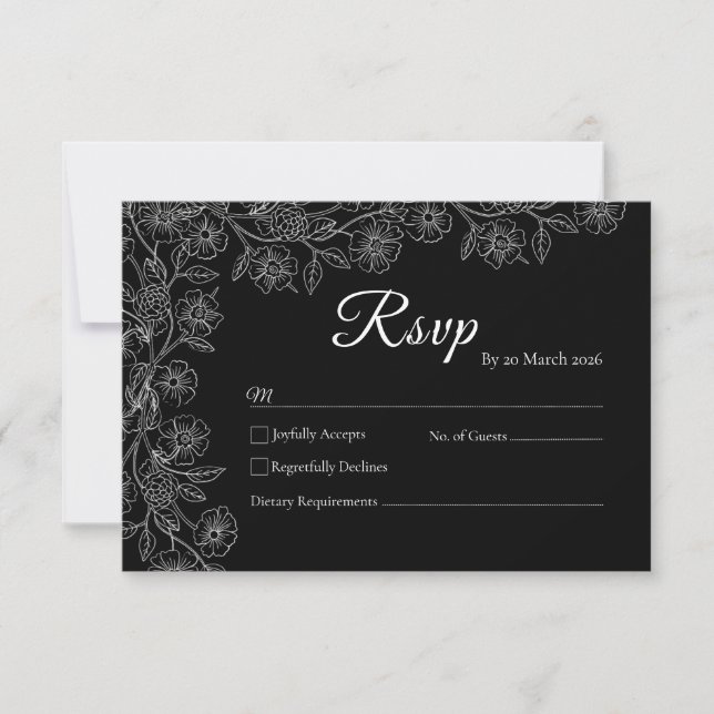 Black and White Floral Line Art Wedding RSVP Card (Frente)