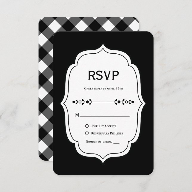 black and white gingham wedding RSVP Cards (Frente/Verso)