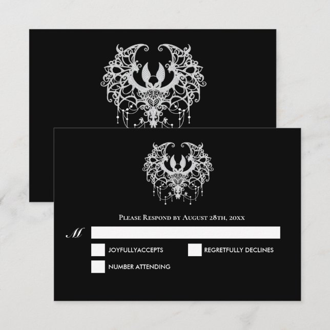 Black and white Gothic Halloween Wedding RSVP Card (Frente/Verso)