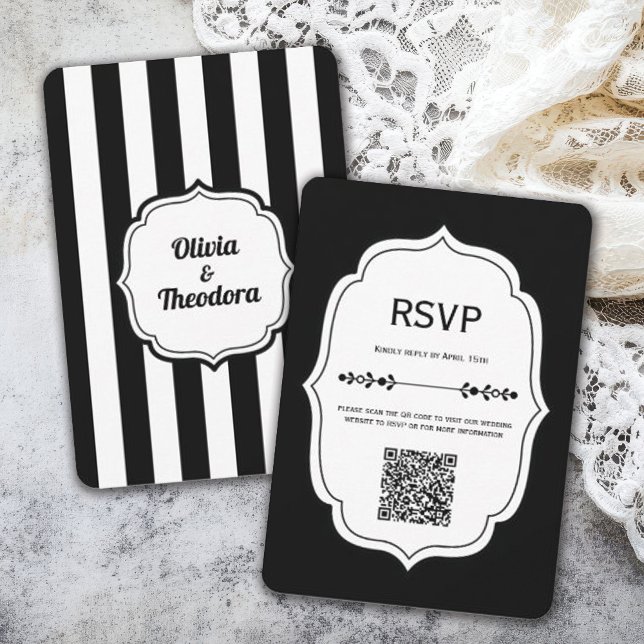 black and white stripe wedding RSVP Cards (Criador carregado)