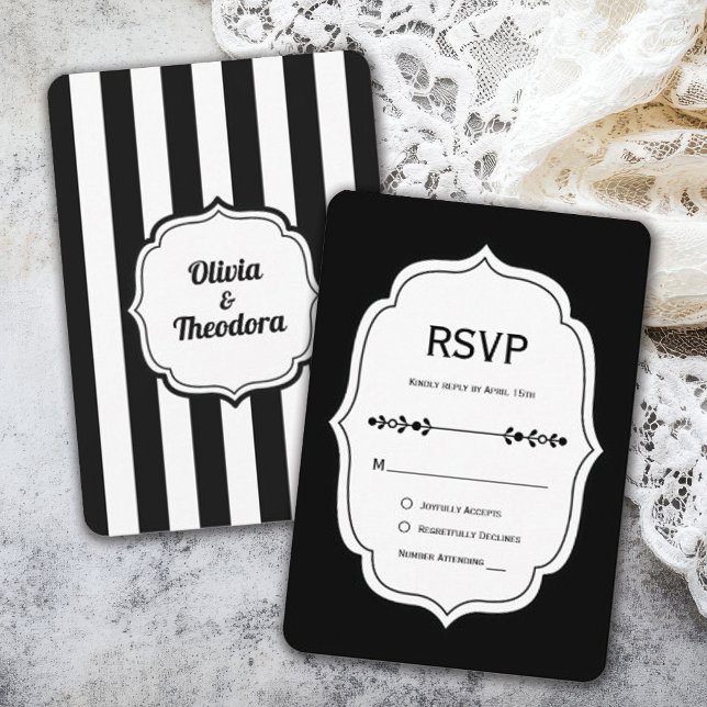 black and white  stripe wedding RSVP Cards (Criador carregado)