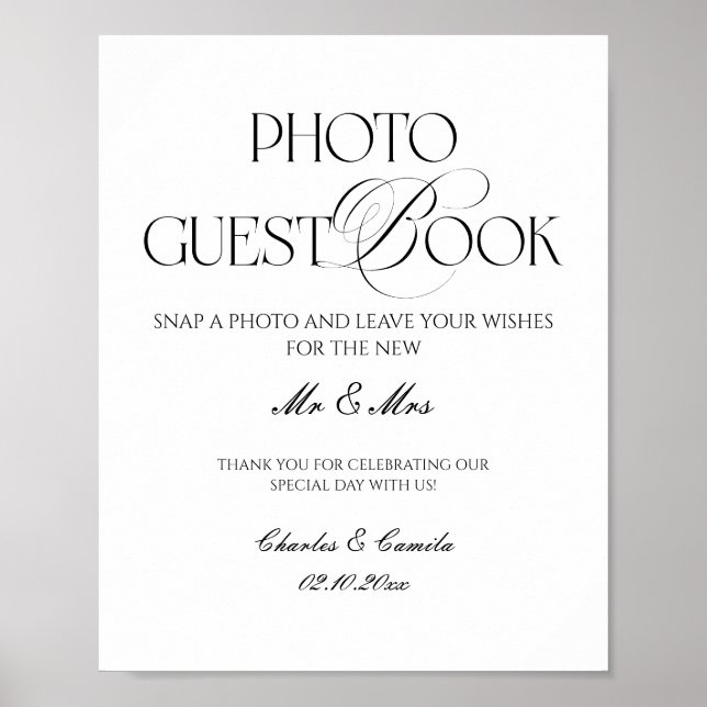 Black and White Wedding Photo Guest Book Poster (Frente)