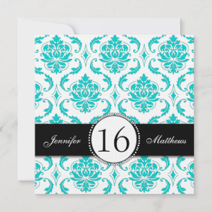 Black Aqua White Damask Doce Dezesseis Convites