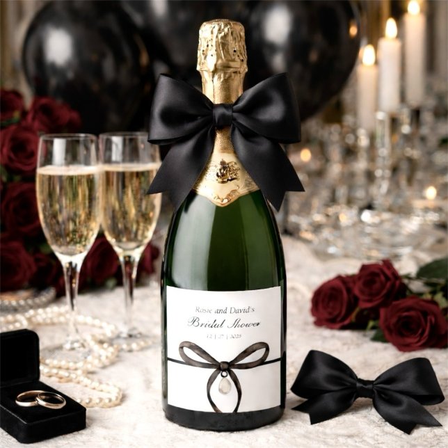 Black Bow With Pearl Old Money Style Bridal Shower (Black Bow With Pearl Old Money Style Bridal Shower Sparkling Wine Label)