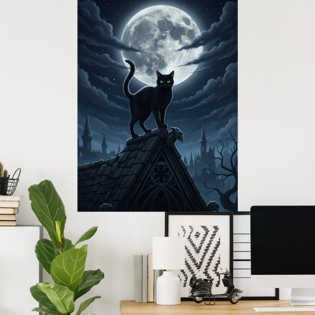 Black Cat and Moon Poster (Escritório em casa)
