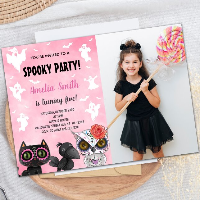 Black Cat Halloween Convite de Aniversário com fot (Black Cat Halloween Birthday Invitations w photo)