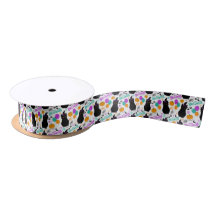 Black Cat Halloween Satin Ribbon in White