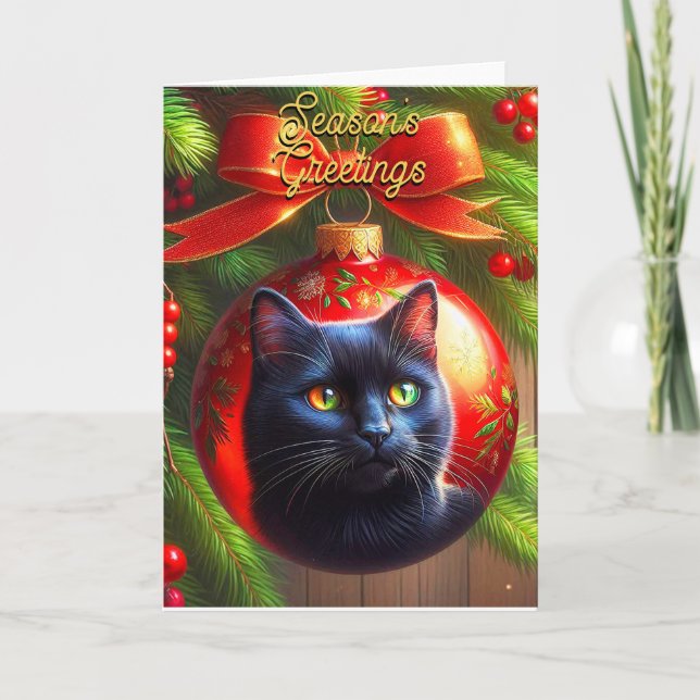 Black Cat no Cartão de Natal de Ornamento Vermelho (Frente)