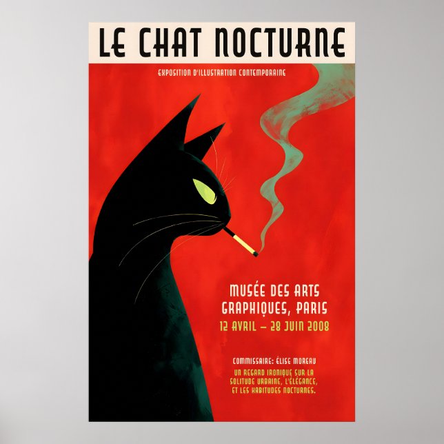 Black Cat Smoking Poster - Retro French Exhibition (Frente)