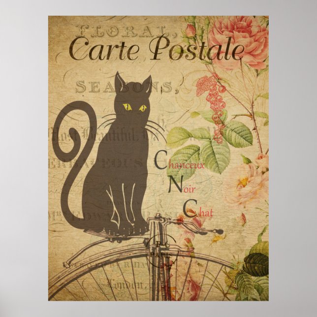 Black Cat Vintage - Cartão postal francês Poster (Frente)