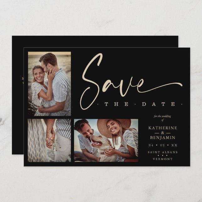 Black Chic Trendy Collage Wedding Covid19 3 Photos (Frente/Verso)