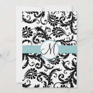 Black Damask Swirls Aqua Trim Casamento Convite