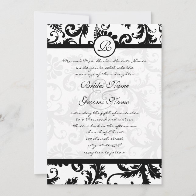 Black Damask Swirls Convite Para Casamento (Frente)