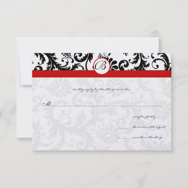 Black Damask Swirls Red Trim Weding RSVP (Frente)