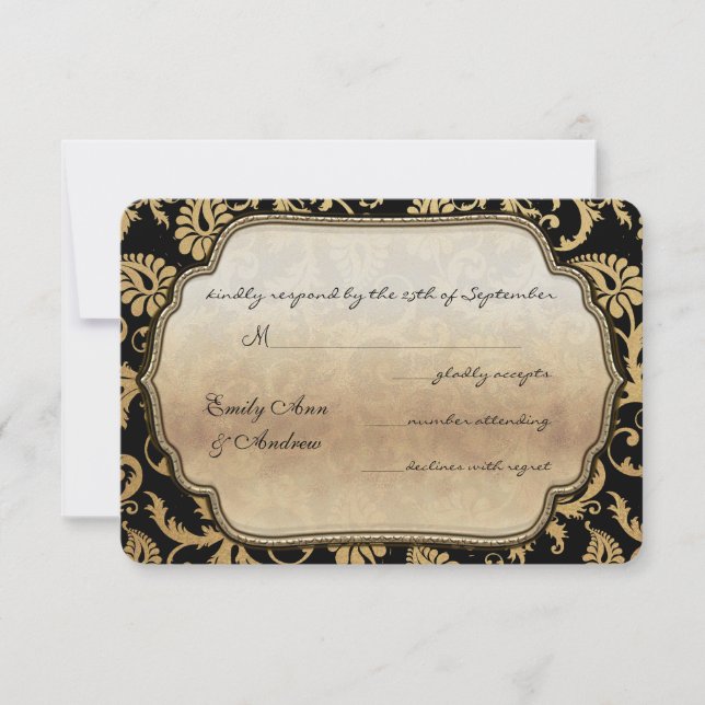 Black Damask Swirls Wedds RSVP (Frente)
