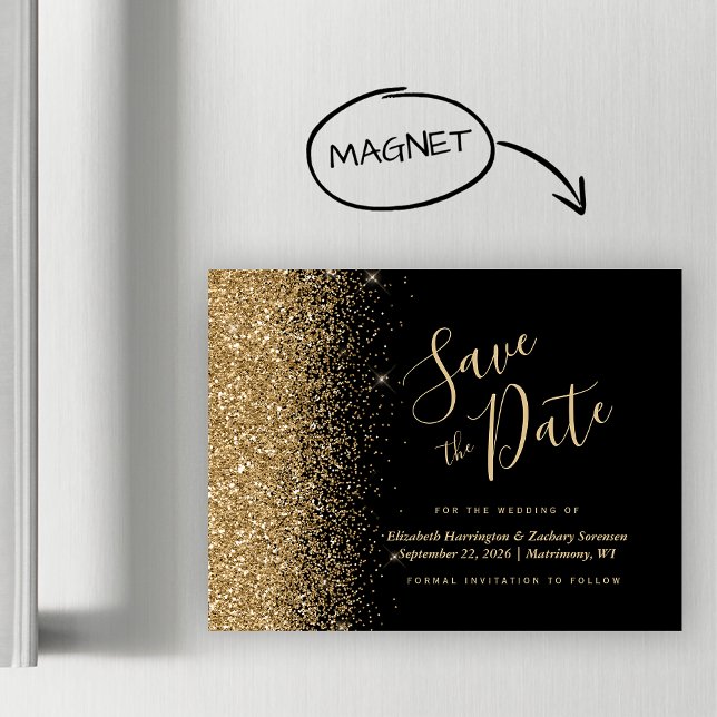 Black Gold Glitter Ímã de Casamento Salve a Data (Criador carregado)