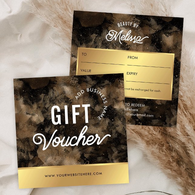 Black & Gold Glitter Watercolor Salon Gift Voucher (Black and gold glitter business gift voucher square cards)