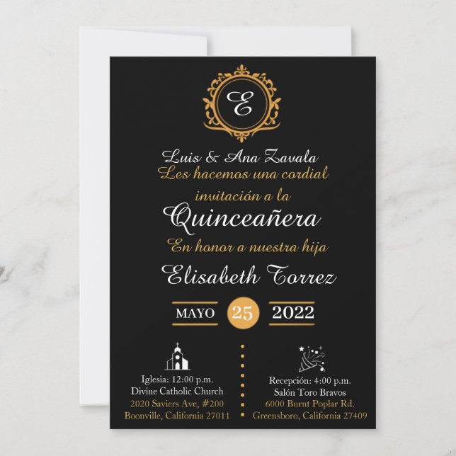 Black gold invitations for quinceañera elegante  (Frente)