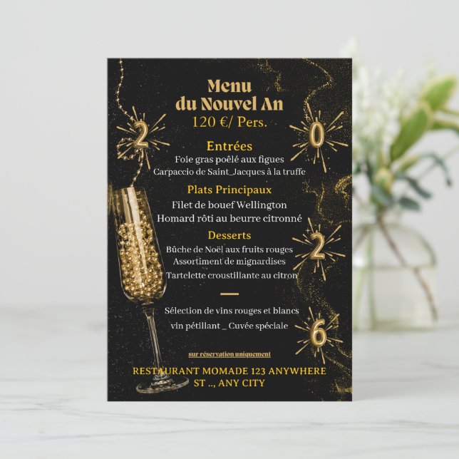 Black & Gold Luxury Sparkle Dinner Menu Template (Em pé/Frente)