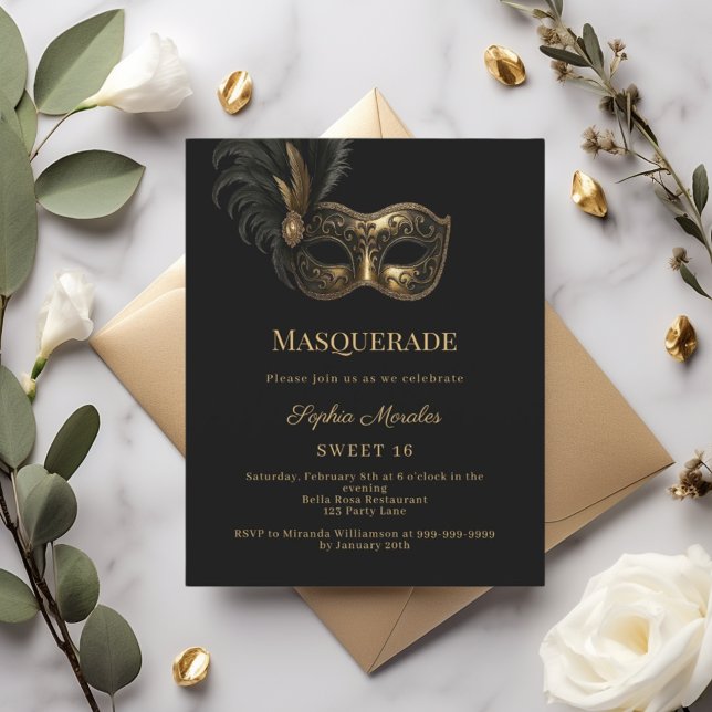 Black gold Masquerade party Sweet 16 invitation (Criador carregado)