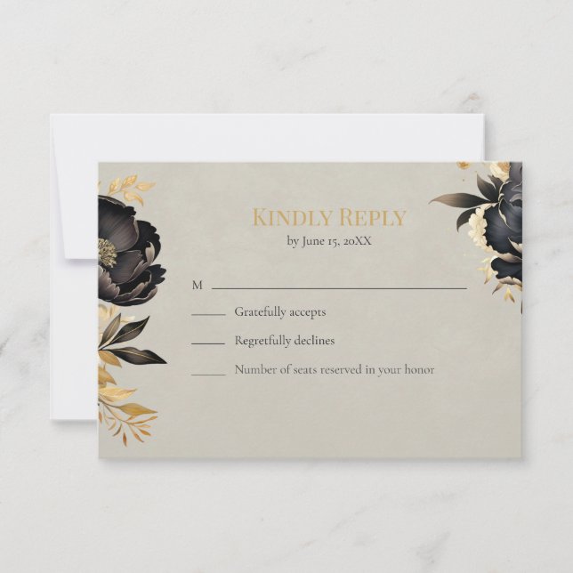 Black & Gold Peony Wedding RSVP Card (Frente)