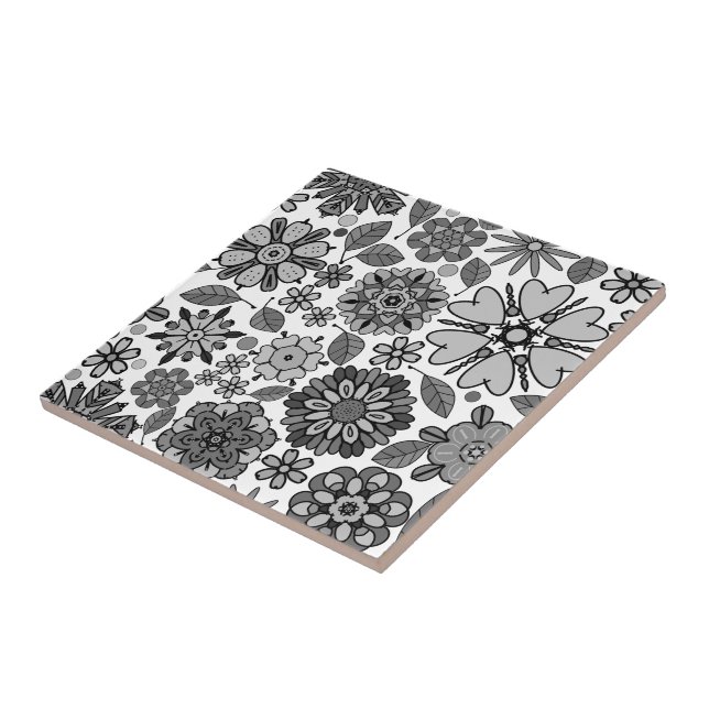 Black Gray White Retro Floral Art Seamless Pattern (Lateral)